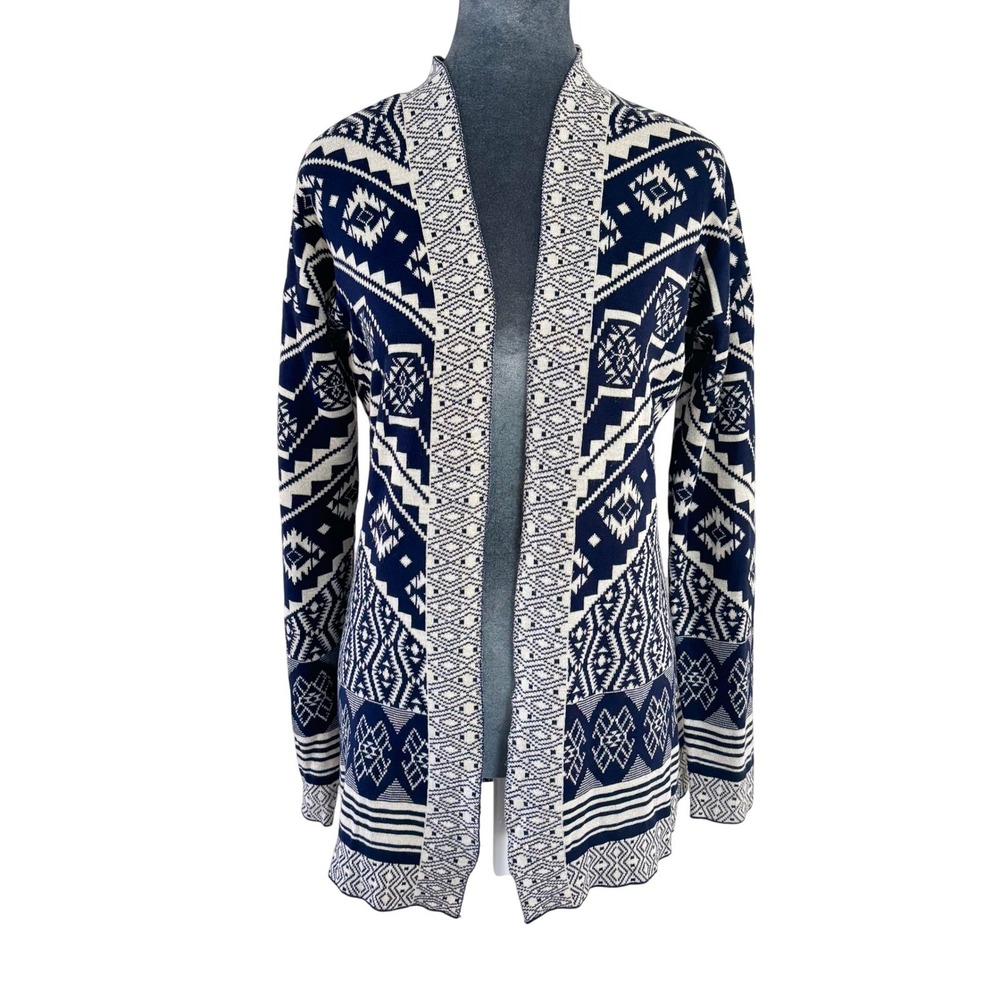 Hippie‎ Rose Geometric Navajo Tribal Open Front Cardigan Sweater Navy Cream S
